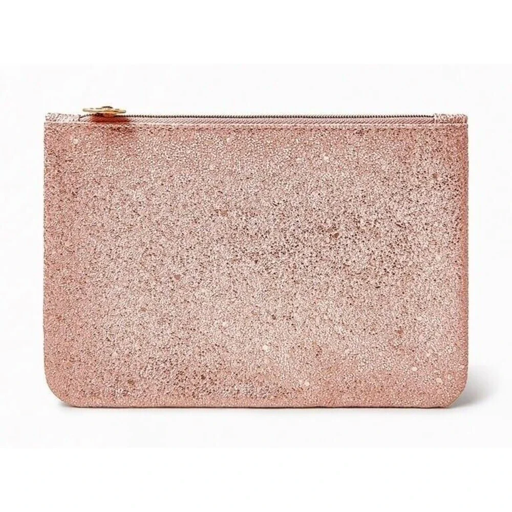 Rose Gold Shimmer Metallic Zipper Make Up Bag Case Wallet Clutch Travel Organize